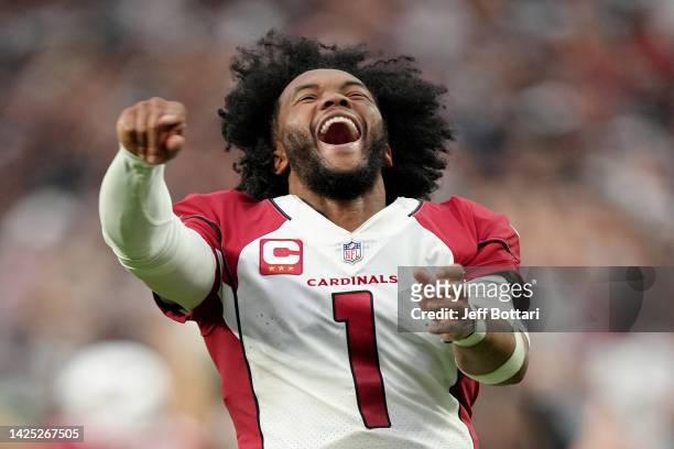 Kyler Murray of the Arizona Cardinals celebrates after the game-winning touchdown in overtime against the Las Vegas Raiders at Allegiant Stadium on...