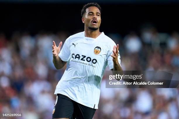 Justin Kluivert of Valencia CF looks on during the LaLiga Santander match between Valencia CF and RC Celta at Estadio Mestalla on September 17, 2022...