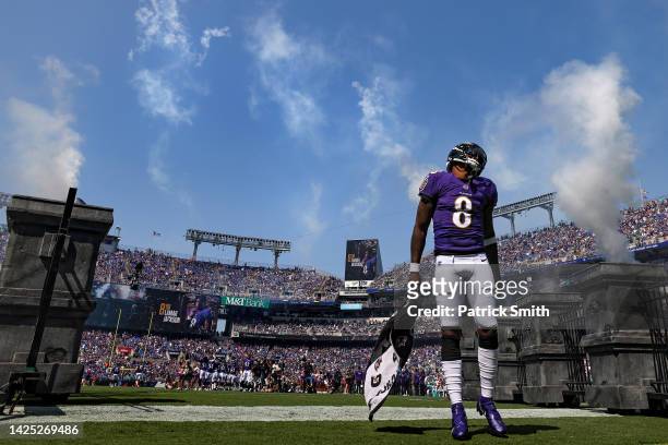Lamar Jackson of the Baltimore Ravens takes the field before a game against the Miami Dolphins at M&T Bank Stadium on September 18, 2022 in...