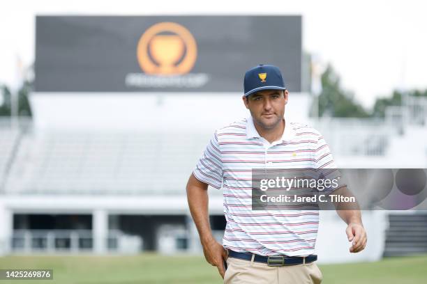 Scottie Scheffler of the United States Team walks on the first hole prior to the 2022 Presidents Cup at Quail Hollow Country Club on September 19,...