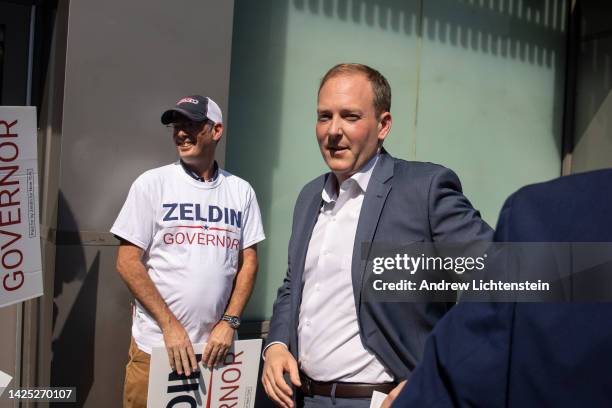 New York Republican gubernatorial candidate Lee Zeldin campaigns against recent state bail reforms at the scene of a recent crime on September 19,...