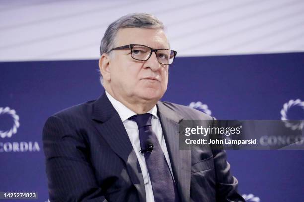 José Manuel Barroso, Chair and Gavi of The Vaccine Alliance speaks on stage during The 2022 Concordia Annual Summit - Day 1 at Sheraton New York on...