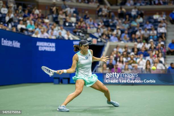September 08: Iga Swiatek of Poland in action in the Women's Singles Semi-Final match on Arthur Ashe Stadium during the US Open Tennis Championship...
