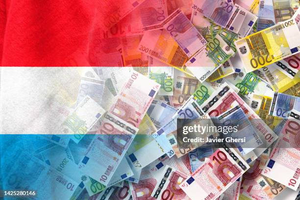 euro cash banknotes and luxembourg flag - luxemburg stock-fotos und bilder