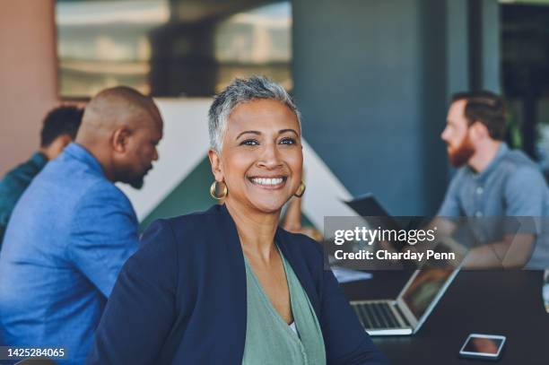 ceo, manager or leader in a meeting with team and happy with success, progress and leadership at work. business woman working on strategy, goal and target with teamwork or support with workers - black woman happy white background imagens e fotografias de stock