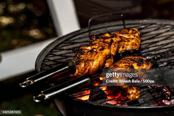 close-up of meat on barbecue grill,bengaluru,karnataka,india - charcoal food stock pictures, royalty-free photos & images