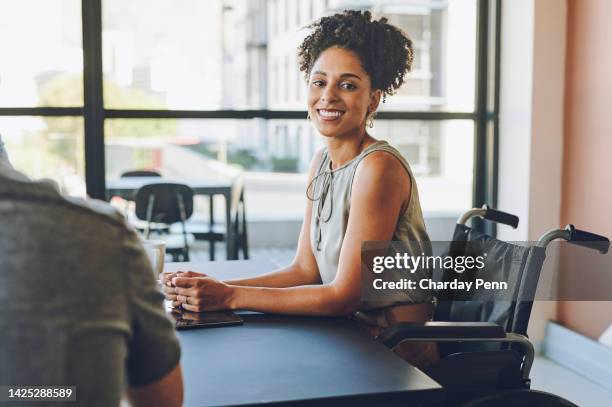 corporate, smile and business woman with a disability in a wheelchair happy about work. portrait of a lawyer from spain be a office work desk with positive disabled employee energy in a law firm - penn commercial business stock pictures, royalty-free photos & images