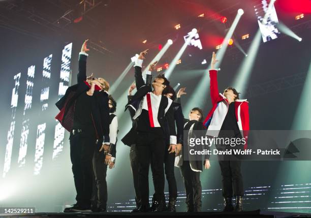 Super Junior performs at Zenith de Paris on April 6, 2012 in Paris, France.