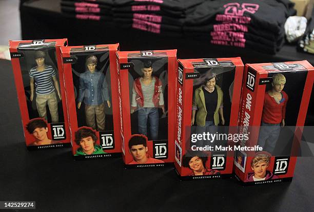 View of merchandise at the One Direction promotional store opening on Pitt Street on April 7, 2012 in Sydney, Australia. The store is the only...