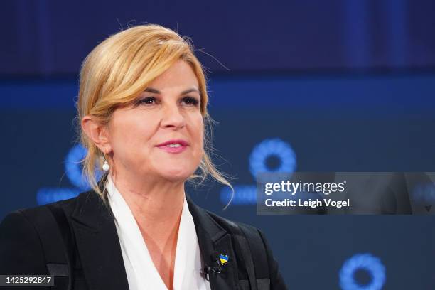 Kolinda Grabar-Kitarović, former President of Croatia speaks on stage at Driving Action to Improve Global Women's Health Through Data during The 2022...