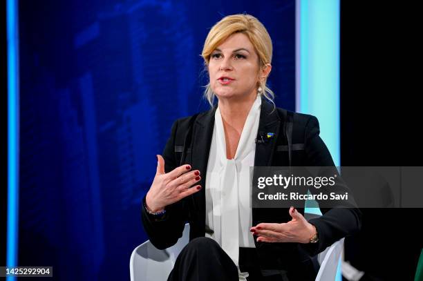 Kolinda Grabar-Kitarović, former President of Croatia speaks on stage at Driving Action to Improve Global Women's Health Through Data during The 2022...