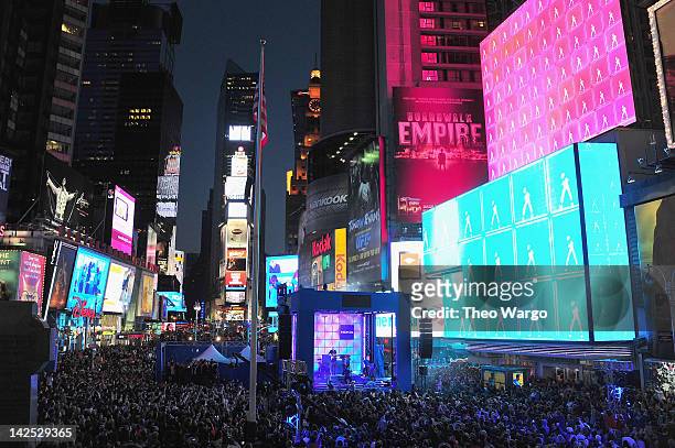 General view of the atmosphere as Times Square was brought to a standstill on April 6, 2012 as Nicki Minaj teamed up with Nokia to perform live for...