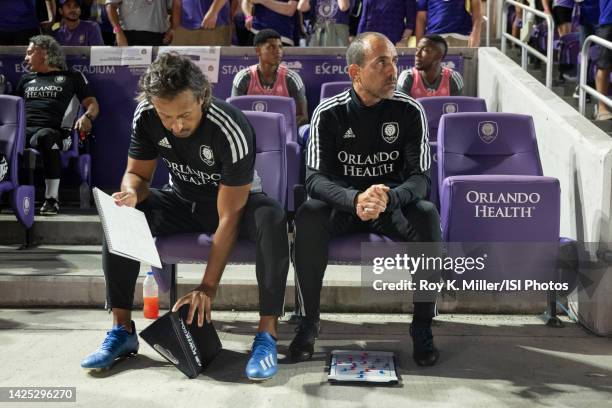 Assistant coach Jose Bazan and head coach Oscar Pareja of the Orlando City SC prior to a game between Sacramento Republic FC and Orlando City SC at...