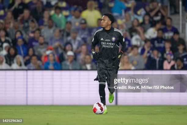 Pedro Gallese of the Orlando City SC looks for options during a game between Sacramento Republic FC and Orlando City SC at Exploria Stadium on...