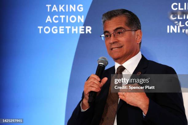 Health and Human Services Secretary Xavier Becerra joins a panel during the Clinton Global Initiative , a meeting of international leaders that looks...