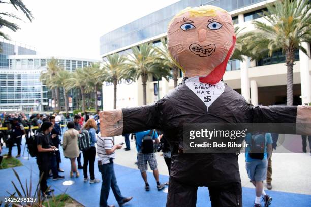 Piñata hangs near the entrance to Anaheim Convention Center as U.S. Republican Presidential candidate Donald Trump spoke inside during a rally, May...
