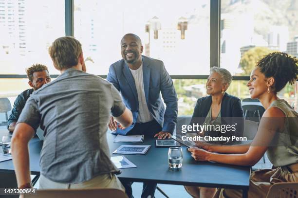 handshake, business meeting and welcome in office diversity, teamwork and b2b collaboration strategy planning. smile, happy and black man, manager and ceo in thank you crm with new interview employee - director of acquisitions stock pictures, royalty-free photos & images