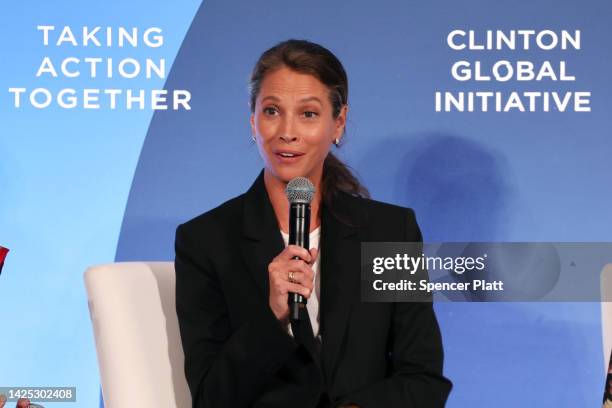 Former supermodel Christy Turlington Burns speaks on a panel addressing maternal mortality at the Clinton Global Initiative , a meeting of...