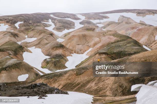 a journey to the high land of iceland - landmannalaugar. an incredible hike in the colorful mountain landscape with snow in the summer. - landmannalaugar stockfoto's en -beelden