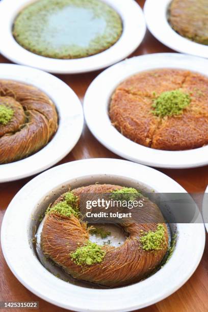 turkish traditional dessert kunefe kadayif and katmer - kanafeh stock pictures, royalty-free photos & images