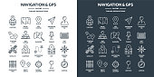 Navigation map and geolocation, GPS positioning. Coordinate grid quadrants, cardinal points, location finder. Travel route and waypoints planning. Thin line web icons set. Vector illustration