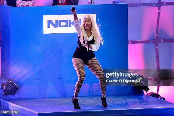 Nicki Minaj performs during the Nokia Lumia 900 launch in Times Square on April 6, 2012 in New York City.