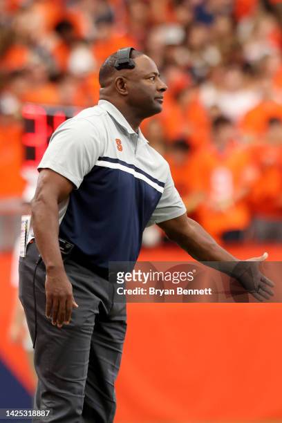 Head Coach Dino Babers of the Syracuse Orange reacts during the first quarter against the Purdue Boilermakers at JMA Wireless Dome on September 17,...