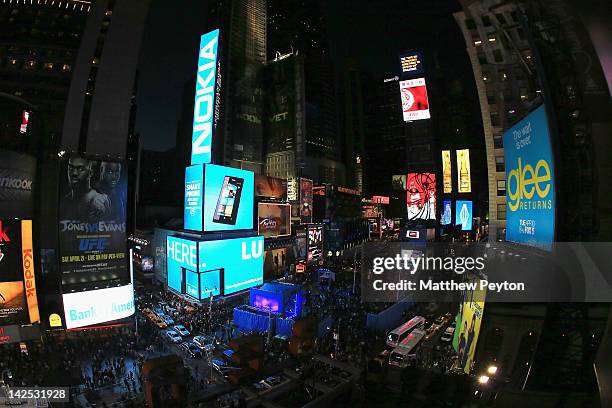 General view of the atmosphere as Times Square was brought to a standstill on April 6, 2012 as Nicki Minaj teamed up with Nokia to perform live for...