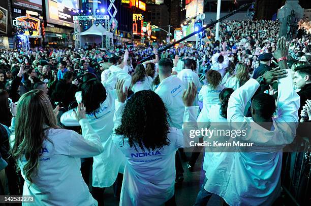 General view of the atmosphere as Times Square was brought to a standstill on April 6, 2012 as Nicki Minaj teamed up with Nokia to perform live for...