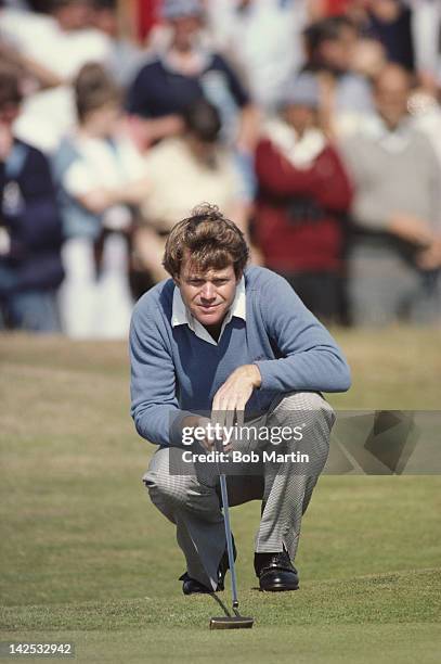 Tom Watson of the United States lines up a putt during the 111th Open Championship on 18th July 1982 at the Royal Troon Golf Club in Troon, Scotland,...