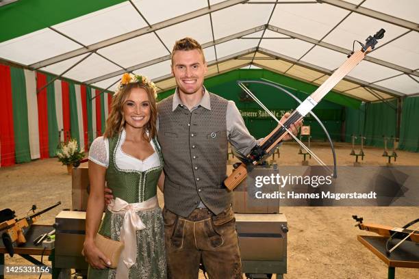 Nele Schenker and Hannes Ocik attend the BMW Armbrustschiessen as part of the Oktoberfest 2022 at Armbrust-Schuetzenfesthalle during the 187th...