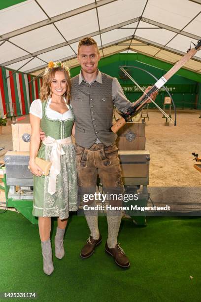 Nele Schenker and Hannes Ocik attend the BMW Armbrustschiessen as part of the Oktoberfest 2022 at Armbrust-Schuetzenfesthalle during the 187th...