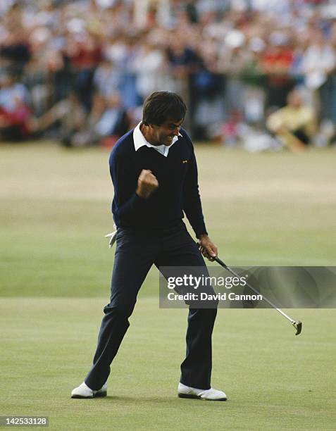 Seve Ballesteros of Spain celebrates after he holes out on the final 18th green to win the 113th Open Championship on 22nd July 1984 on the Old...