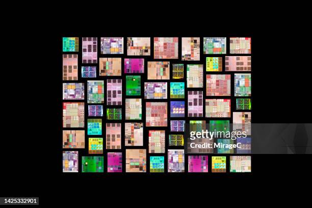 a collection of colorful semiconductor computer chips - information overload - fotografias e filmes do acervo
