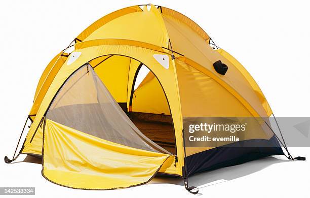 yellow dome tent with open zip enclosure - camping stock pictures, royalty-free photos & images