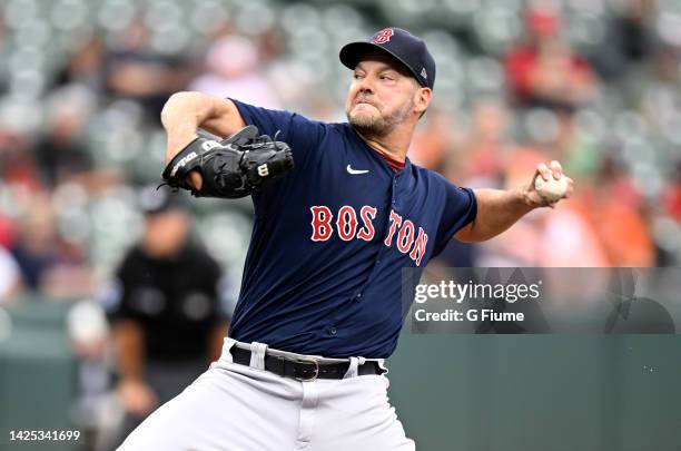 Rich Hill of the Boston Red Sox pitches against the Baltimore Orioles at Oriole Park at Camden Yards on September 11, 2022 in Baltimore, Maryland.