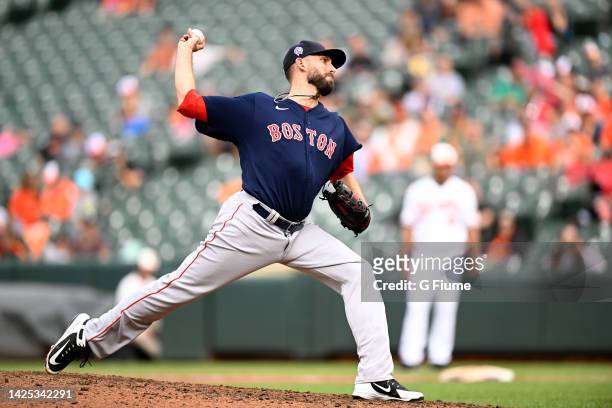 Matt Barnes of the Boston Red Sox pitches against the Baltimore Orioles at Oriole Park at Camden Yards on September 11, 2022 in Baltimore, Maryland.