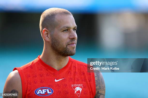 Lance Franklin of the Swans is seen before talking to the media during a Sydney Swans AFL training session at Sydney Cricket Ground on September 20,...