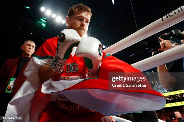 Reigning Super Middleweight Champion Canelo Alvarez enters the ring prior to defending his title against Gennadiy Golovkin at T-Mobile Arena on...