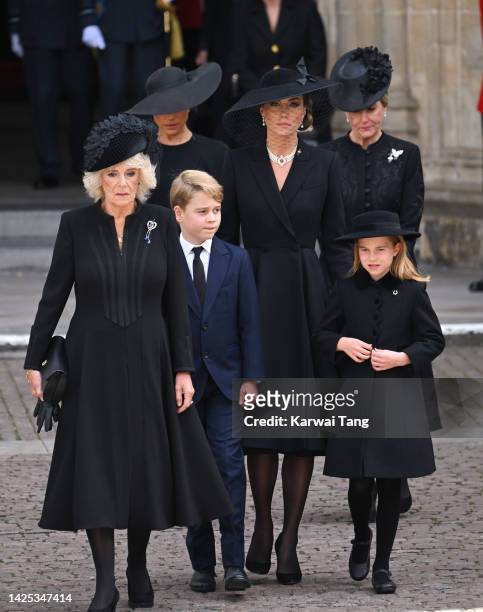 Camilla, Queen Consort, Meghan, Duchess of Sussex, Prince George of Wales, Catherine, Princess of Wales, Princess Charlotte of Wales and Sophie,...