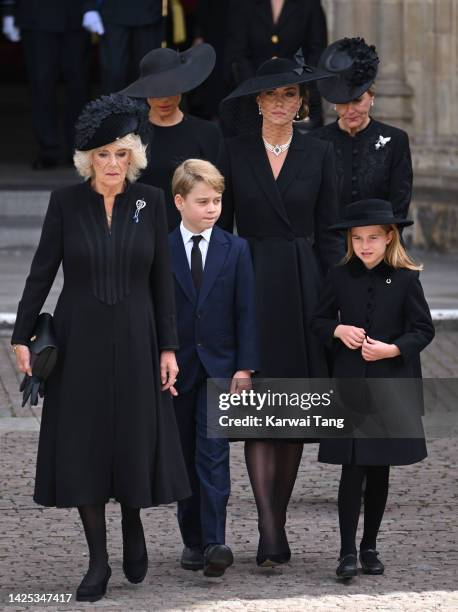 Camilla, Queen Consort, Meghan, Duchess of Sussex, Prince George of Wales, Catherine, Princess of Wales, Princess Charlotte of Wales and Sophie,...