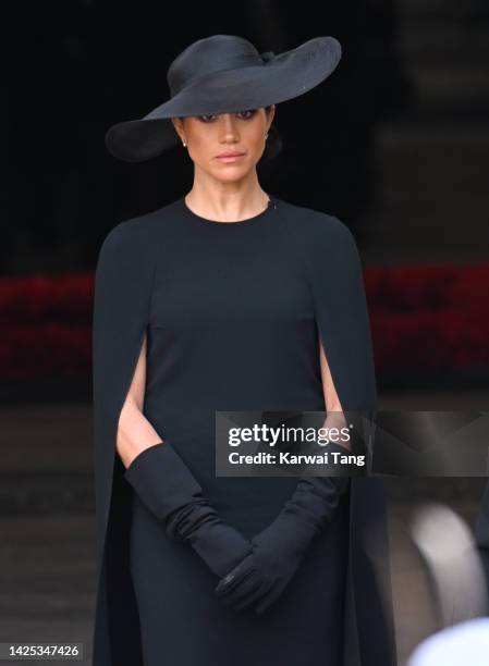 Meghan, Duchess of Sussex during the State Funeral of Queen Elizabeth II at Westminster Abbey on September 19, 2022 in London, England. Elizabeth...