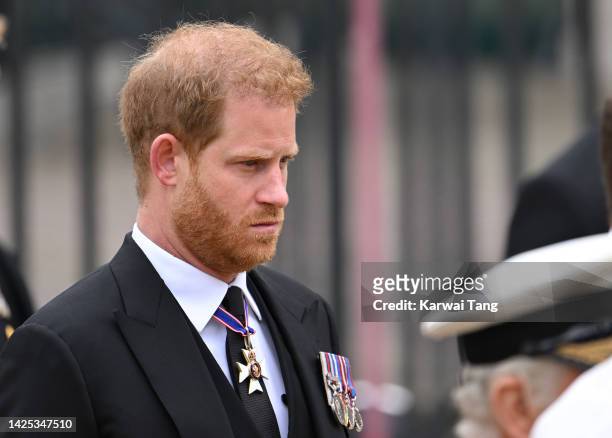 Prince Harry, Duke of Sussex during the State Funeral of Queen Elizabeth II at Westminster Abbey on September 19, 2022 in London, England. Elizabeth...