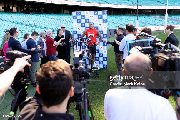 Lance Franklin of the Swans talks to the media during a Sydney Swans AFL training session at Sydney Cricket Ground on September 20, 2022 in Sydney,...