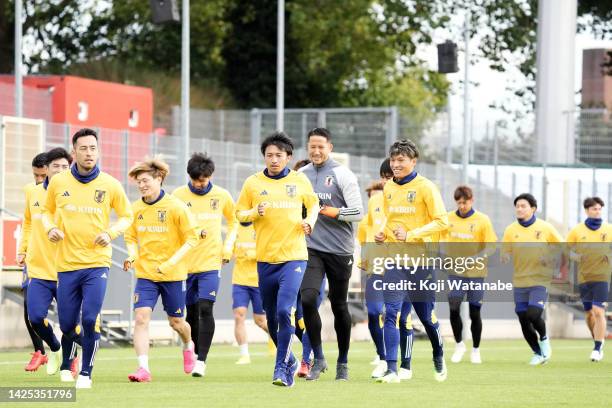 Japan team players in action during a Japan training session on September 19, 2022 in Dusseldorf, Germany.