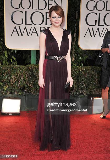 Actress Emma Stone arrives at the 69th Annual Golden Globe Awards at The Beverly Hilton hotel on January 15, 2012 in Beverly Hills, California.