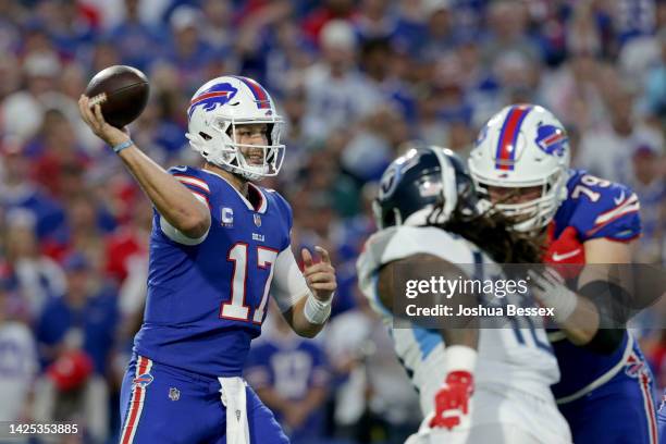 Josh Allen of the Buffalo Bills throws a pass against the Tennessee Titans during the first quarter of the game at Highmark Stadium on September 19,...