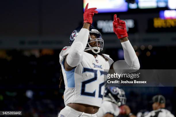 Derrick Henry of the Tennessee Titans celebrates after scoring a touchdown against the Buffalo Bills during the first quarter of the game at Highmark...