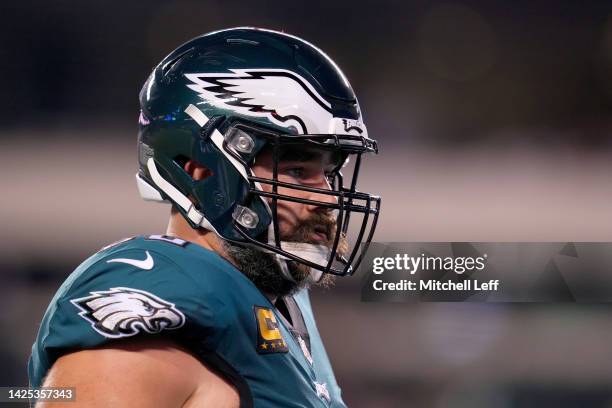 Jason Kelce of the Philadelphia Eagles warms up before the game against the Minnesota Vikings at Lincoln Financial Field on September 19, 2022 in...