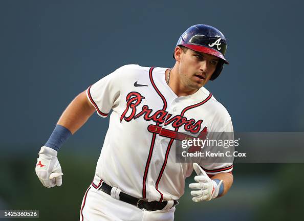 Austin Riley Third Base Austin Riley of the Atlanta Braves rounds third base after hitting a ...